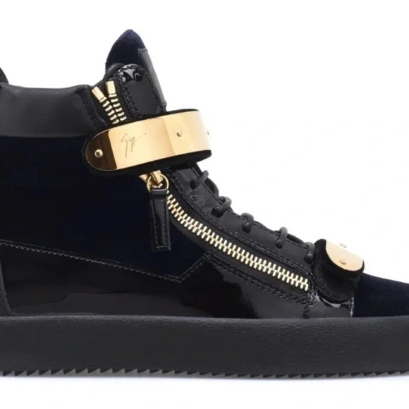 Giuseppe Zanotti Navy Velvet and Gold Sneakers - Picture 2 of 7
